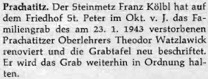 Zpráva v krajanském časopise o obnově hrobu Watzlawickových na hřbitově ve Starých Prachaticích