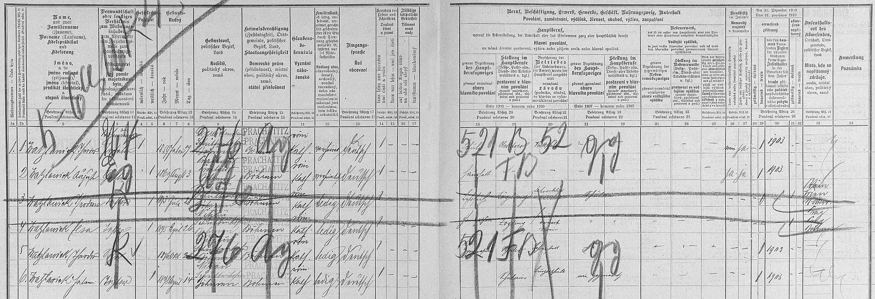 Arch sčítání lidu z roku 1910 pro prachatický dům čp. 159