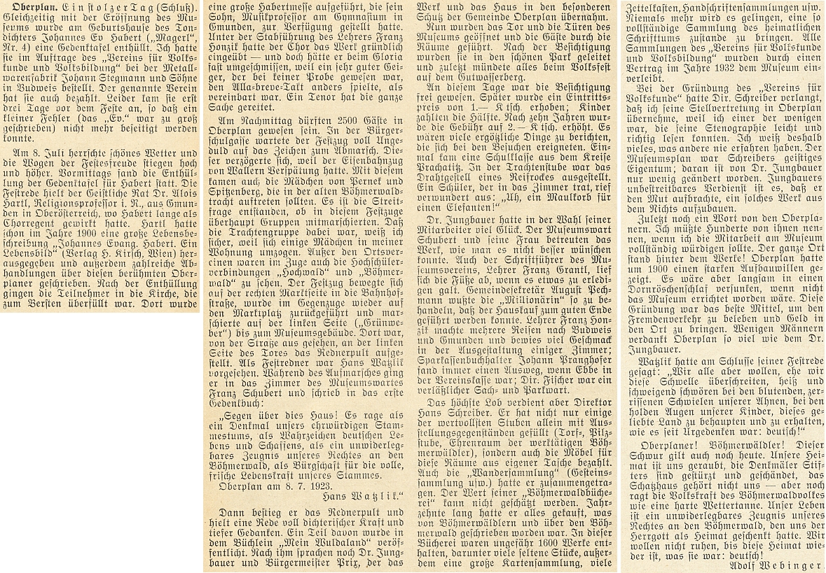 Na stránkách krajanského měsíčníku, který založil a řídil, vzpomněl v roce 1953 zajímavými podrobnostmi 30. výročí založení muzea Šumavy v Horní Plané