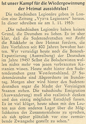 Ve vánočním čísle Hoam! zveřejnil roku 1953 přeloženou citaci článku z londýnského listu československých legionářů v exilu, který se zasazuje o právo sudetských Němců na návrat domů a Benešovu expatriaci označuje za "spálené kaštany", s nimiž už nechtějí mít nic společného ani "bolševici"