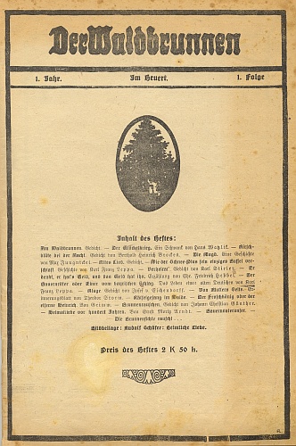 Obálka (1922) 1. čísla 1. ročníku časopisu Der Waldbrunnen (tj. Lesní pramen), který v Horní Plané redigoval