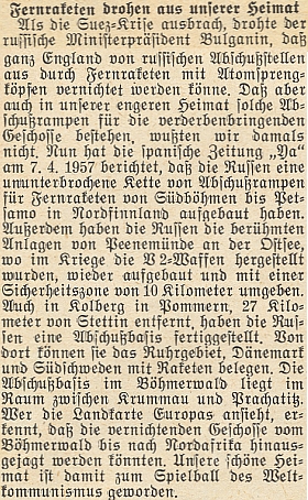 Nepodepsaný článek v krajanském měsíčníku, který redigoval, upozorňuje v roce 1957, že i Šumava se stává odpalovací rampou pro sovětské rakety a "naše krásná domovina se tím stala hracím míčem světového komunismu"