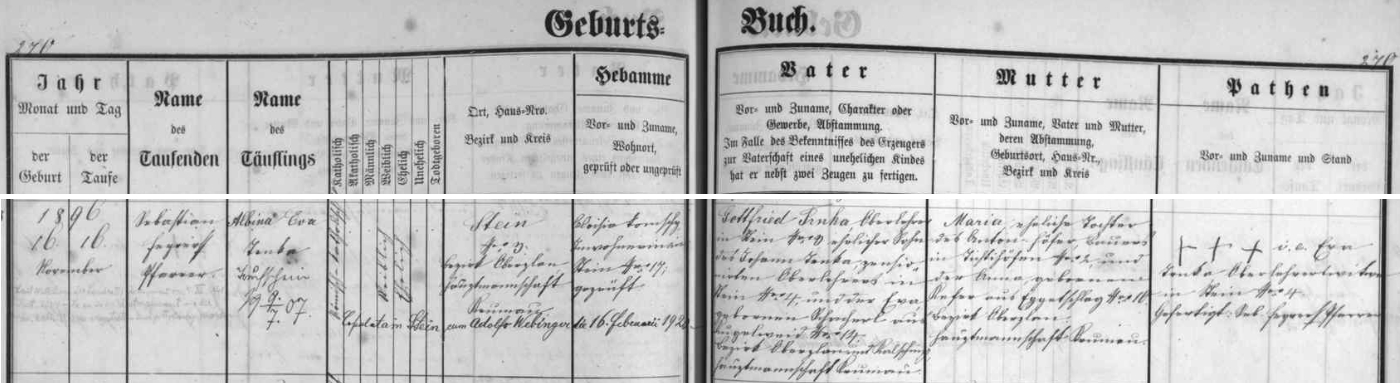 Záznam křestní matriky farní obce Polná na Šumavě (Stein) o narození jeho ženy Albiny Evy Trnkové dne 9. listopadu roku 1896 v Polné na Šumavě čp. 3 zdejšímu řídícímu učiteli Gottfriedu Trnkovi, synu penzionovaného svého předchůdce v této funkci Johanna Trnky a Evy, roz. Schacherlové z Kuklova (Kugelweit) čp. 14, a jeho ženě Marii, dceři sedláka z Dětochova (Tichtihöfen) čp. 2 Antona Höfera a Anny, roz. Keferové z Bližné (Eggetschlag) čp. 10 - novorozenou dívenku křtil v polenském kostele sv. Martina zdejší farář Sebastian Feyrer a její kmotrou (uměla se podepsat jen třemi křížky) se stala vdova po jejím dědečkovi, tedy babička z otcovy strany Eva Trnková z Polné čp. 4 - pozdější přípis nás navíc zpravuje i o zdejší svatbě Albiny Evy Trnkové s Adolfem Webingerem dne 16. února roku 1920