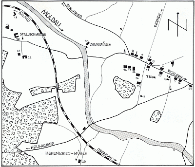 Plánek vsi Hory před částečným zatopením přehradním jezerem,
rodný Hausbauerhof, stržený roku 1954, má čp. 14