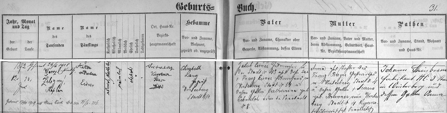 Záznam vimperské matriky o narození otcově s pozdějším přípisem o jeho svatbě - pozoruhodné je jistě i to, že chlapcovými kmotry byli továrník Johann Steinbrener se svou chotí Annou
