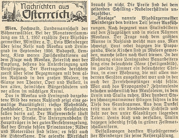 Zpráva o besedě se šumavskými krajany k jeho cestě do SSSR v roce 1956 (s tehdy dosud čerstvou Stalinovou mrtvolou v mauzoleu na Rudém náměstí)