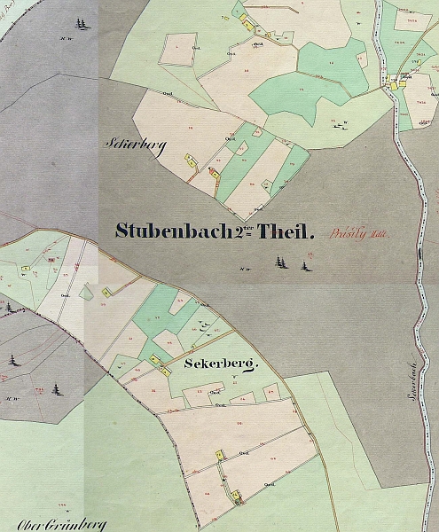 Mapa Stabilního katastru z roku 1837, revidovaná v 80. letech 19. století, zachycuje Seckerberg (Sekerberg) takto