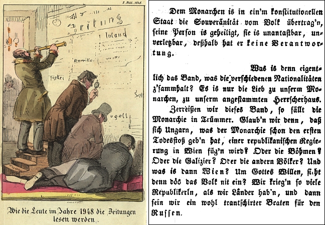 Originální podoba naší textové ukázky a ukázka jedné z ilustrací, doprovázející ročník 1848 jeho listu