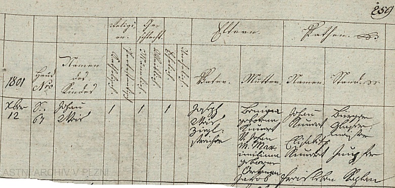 Záznam plánské křestní matriky o jeho narození 12. prosince (měsíc psán obvyklým zpsobem jako Xber) roku 1801 na čp. 64 v rodině Josepha Weise, označeného zde jako "Ziegelstreicher", tj. cihlář, a jeho ženy Benigny, roz. Kunertové, dceři Johanna Kunerta a Maximiliany, roz. Ortmanové