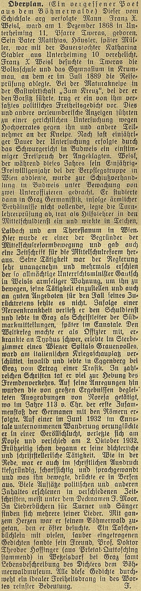 "Zapomenutému básníku ze Šumavy" věnoval českobudějovický německý list v lednu 1936 teno obsáhlý článek