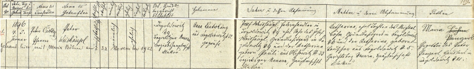 Záznam o narození otcově s přípisem o svatbě...