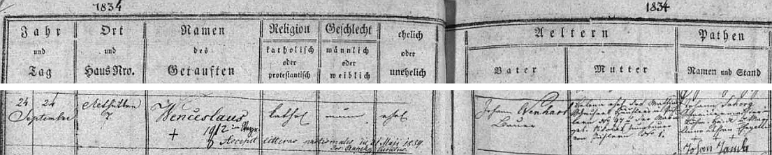 Záznam v hodňovské matrice o jeho narození ve Staré Huti čp. 7 rolníku Johannu Wenhartovi a jeho ženě Heleně, roz. Schacherlové, rodem z Pihlova