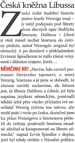 Úvod článku v časopise Téma, který tuto dnes už zapomenutou historii libreta Libuše připomíná