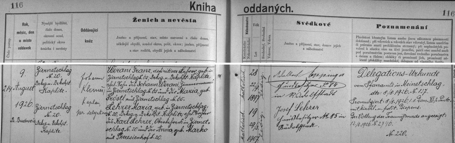 Záznam o jeho svatbě v českobudějovické knize oddaných