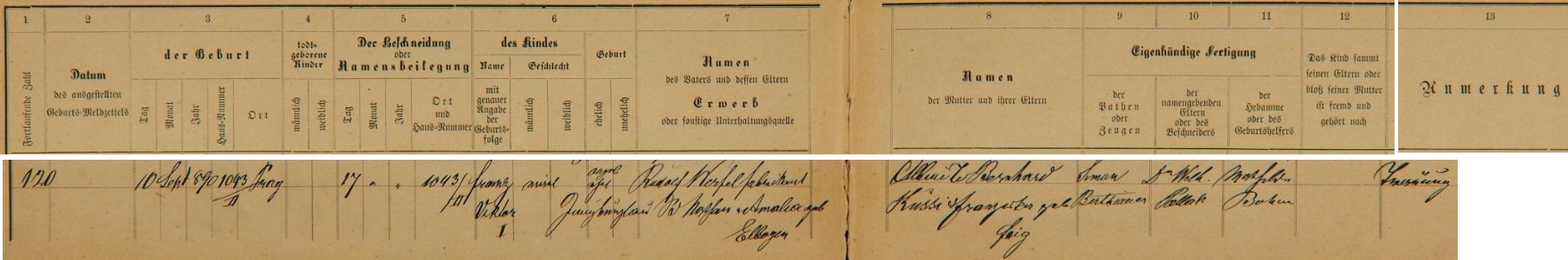 Podle tohoto záznamu pražské židovské matriky se tu narodil dne 10. září roku 1890 v domě čp. 1043/II. a týden nato po obřízce dostal i jméno Franz Viktor Werfel (příjmení je obdobou českého "Vrhel") - otec dítěte Rudolf Werfel je v záznamu uveden jako mladoboleslavský továrník a syn Nathana Werfela a jeho ženy Amalie, roz. Elbogenové, chlapcova matka Albine byla pak dcerou Bernharda Kussiho a jeho ženy Franzisky, roz. Feigové - kmotrem novorozencovým se stal Simon Berthauer, obřízku provedl Dr. Wilhelm Pollak, porodní bábou byla Mathilde Bohmová