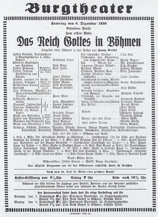 Plakát k vídeňskému uvedení hry Říše Boží v Čechách z prosince roku 1930