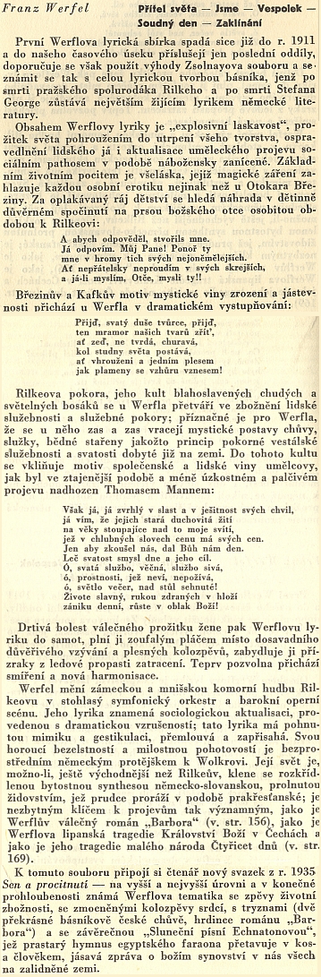 Vyznání Pavla Eisnera o Werfelově poezii ze stránek sborníku Co číst z literatur germánských (1935)