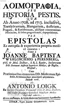 Titulní list (1716) jeho nejznámější práce o historii morové rány v letech 1708-1713, týkající se i českých zemí