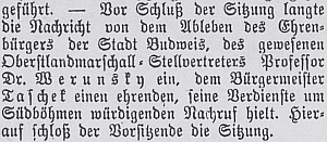 Jeho bratr Albert Werunsky byl čestným občanem města České Budějovice a když 29. prosince roku 1915 zemřel, vzpomněl Josef Taschek na nejbližší schůzi obecního výboru jeho zásluh o město a celé jižní Čechy