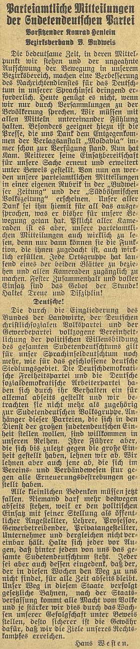 Westenova výzva k jednotě z března osudného roku 1938 s díkem "kamarádu" Reittererovi, že poskytuje SdP stránky svého listu