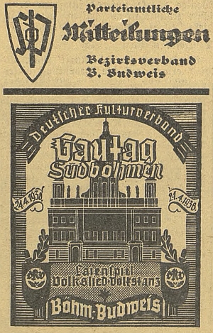 Nové záhlaví stranické rubriky SdP v listu budějovických Němců z dubna 1938 s pozvánkou na "župní sněm" sdružení Deutscher Kulturverband pro jižní Čechy