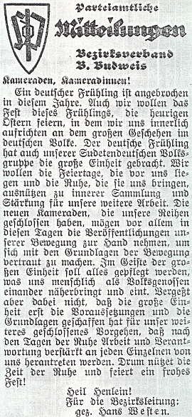 Tady ještě k "německému jaru 1938" provolává za okresní vedení SdP jen "Heil Henlein!"