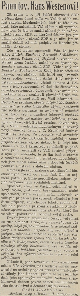 Tento dopis mu v létě 1938 poslali "Čeští hluchoněmí, sdružení ve spol. Jirsík v Č. Budějovicích"