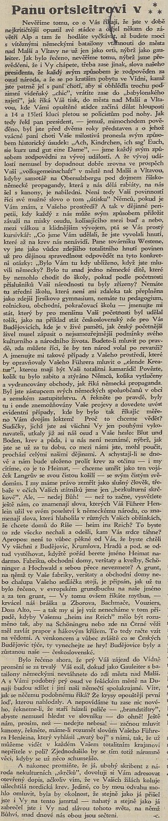 Dne 17. září 1938 mohl ještě vyjít v Jihočeských listech tento článek, adresovaný Westenovi a podepsaný zasvěcenému okruhu dobře známou šifrou -c, kterou se kryl Dr. Bohumír Borkovec (1889-1949)