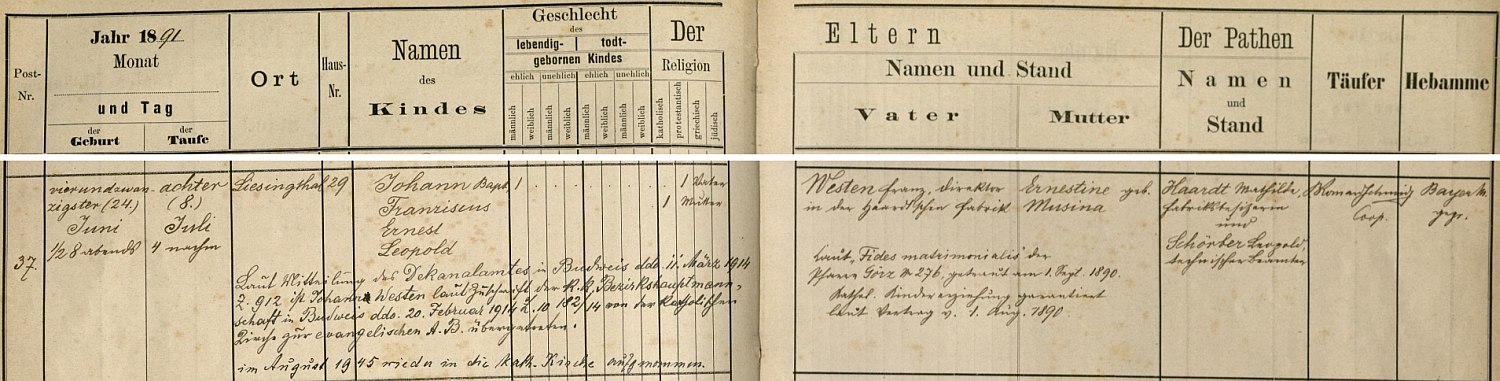 Záznam o jeho narození v křestní matrice farní obce Sankt Michael in Obersteiermark s přípisy o přestupu do evangelické církve v roce 1914 a návratu do církve římskokatolické v srpnu 1945, tedy právě v době, kdy byl v Haidmühle zatčen a převezen do vazby v Českých Budějovicích 