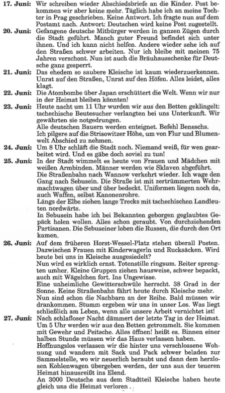 Několik jeho deníkových zápisů z červnových dní roku 1945 v Ústí nad labem - ten poslední je datován 4 dny před masakrem ústeckých Němců