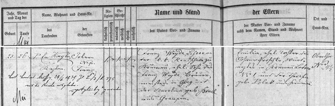 Podle krumlovské matriky byl pokřtěn den po narození 26. května 1870 Johann Nepomuk Franz příjmením Weyde, otcem byl Franz Weyde, matkou Emilia, roz. Proschko, dcera krumlovského "ranhojiče" ("Wundarzt")