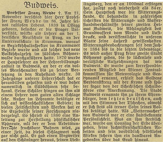 Nepodepsaný nekrolog k jeho úmrtí 21. listopadu roku 1924 v Českých Budějovicích na stránkách českobudějovického německého listu