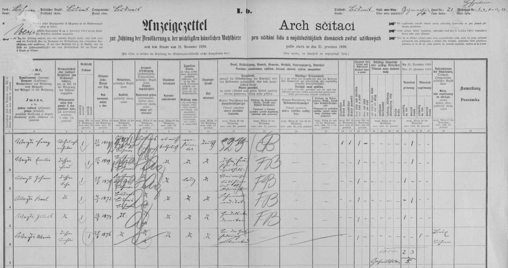 Podle archu ke sčítání lidu z roku 1890 bydlili na adrese "Gymnasiumgasse Nr. 21" (při předchozím sčítání dům ještě nestál) vedle manželů Franze a Emilie Weydeových jejich děti Johann (*1870), Karl (*1872), Julius (*1874) a Maria (*1876), kromě Johanna už všechny narozeny v Českých Budějovicích