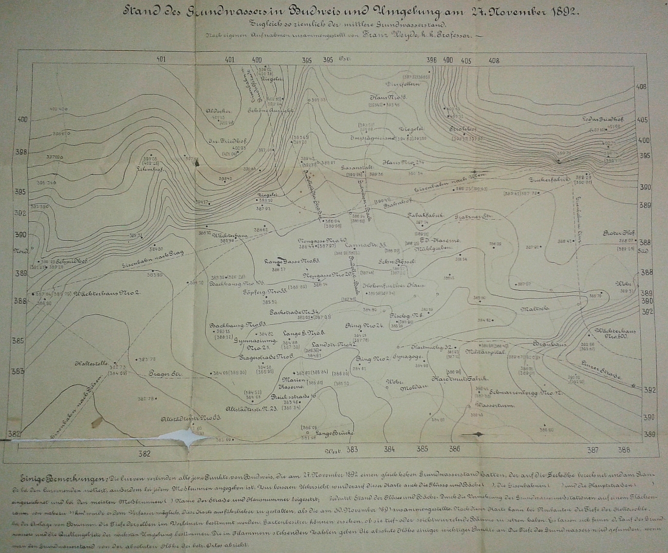 Neocenitelný plán Českých Budějovic a okolí, na němž zachytil stav spodní vody ke dni 27. listopadu roku 1892