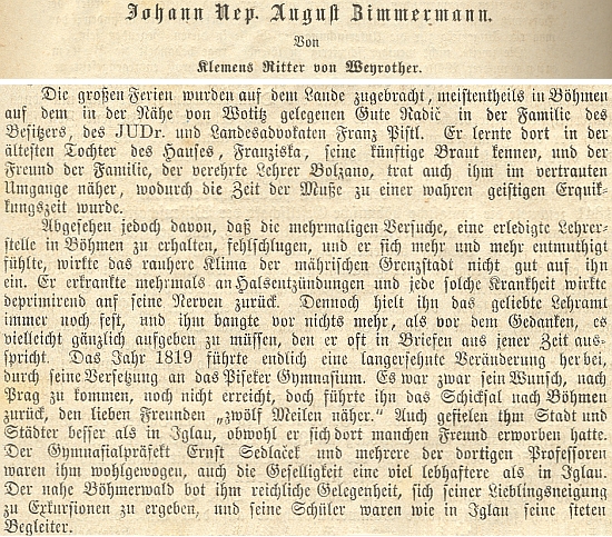 Dva odstavce z jeho obsáhlého nekrologu pedagoga a básníka Johanna Augusta Zimmermanna (1793-1869), kde se píše o pobytech zesnulého v Písku a na Šumavě i o jeho předchozím seznámení s Bernardem Bolzanem