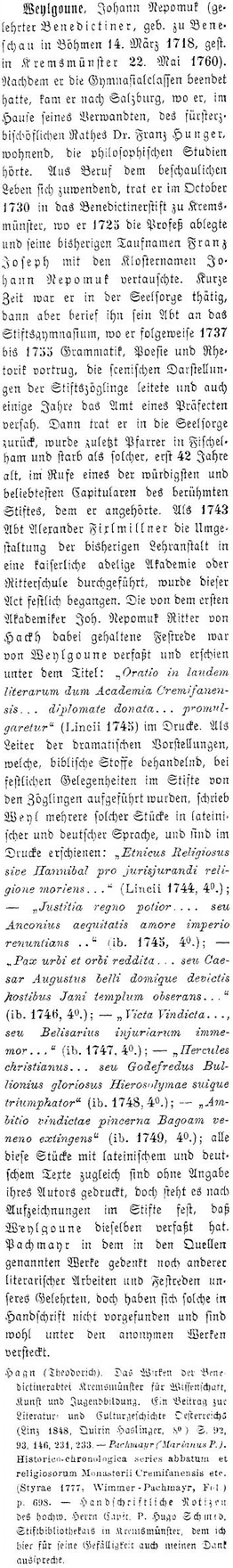 Jeho heslo ve Wurzbachově lexikonu osobností císařství rakouského