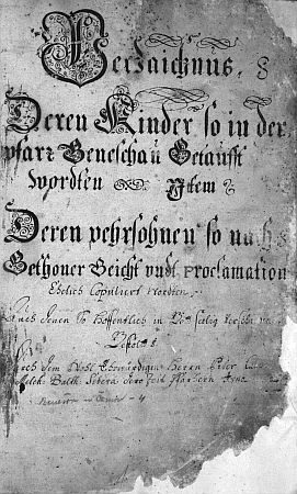 Titulní list matriky, v níž je i záznam o jeho narození ("Beneschau" je tu dosud bez přívlastku)