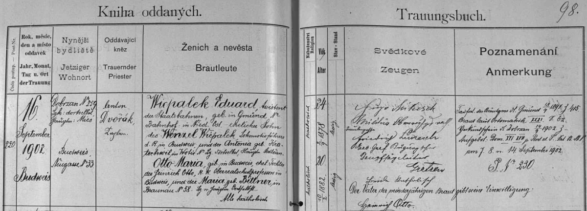 Záznam českobudějovické oddací matriky o svatbě jejích rodičů: otec Eduard Wicpalek, asistent státních drah, narozený v dolnorakouském Gmündu, byl synem strojvedoucího Wenzela Wicpaleka a Antonie, roz. Kratochvílové z Votic, matka Marie byla pak dcerou profesora budějovické vyšší reálky Heinricha Otto a jeho ženy Marie, roz. Bittnerové