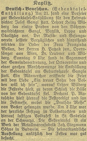 Zpráva o odhalení pamětní desky Josefu Ganglovi v Německém Benešově 22. srpna roku 1926, při kterém Wilberg pronesl slavnostní projev poté, co už den předtím recitoval na slavnostním večeru z děl Ganglových, Watzlikových, Leppových a Skalitzkyho