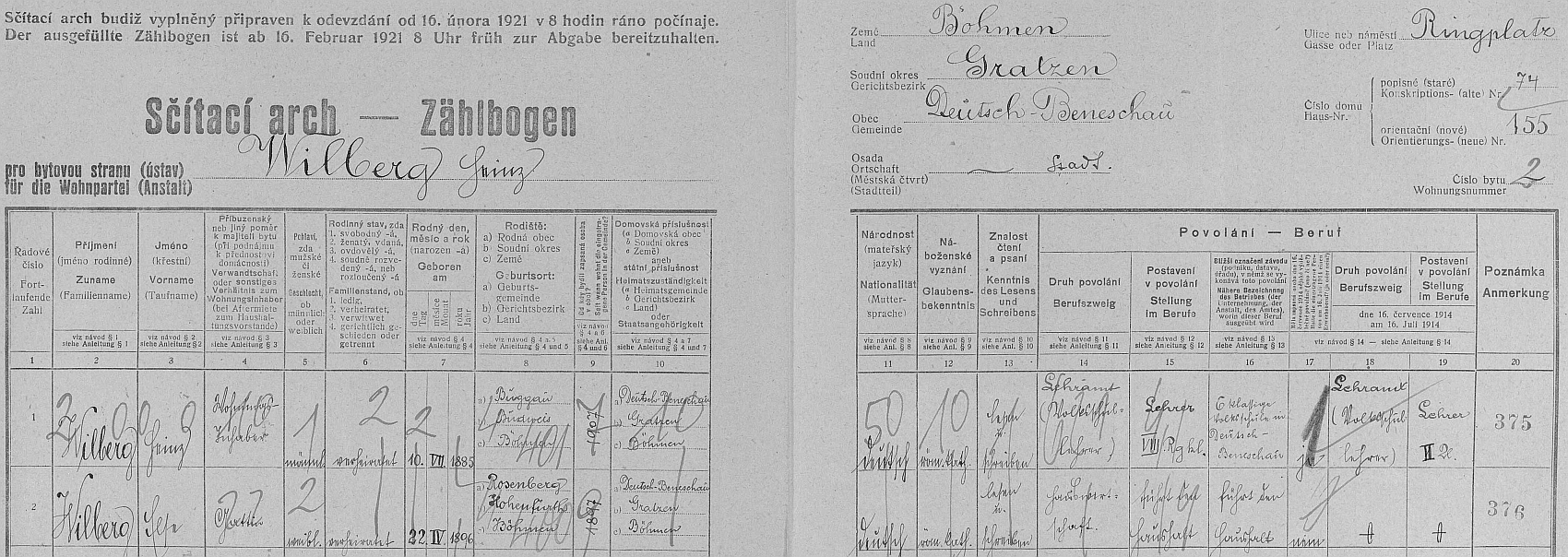 Arch sčítání lidu z roku 1921 pro dům v Německém Benešově čp. 74, nové číslo orientační podle dokumentu 155, kde tehdy žili Heinz a Else Wilbergovi