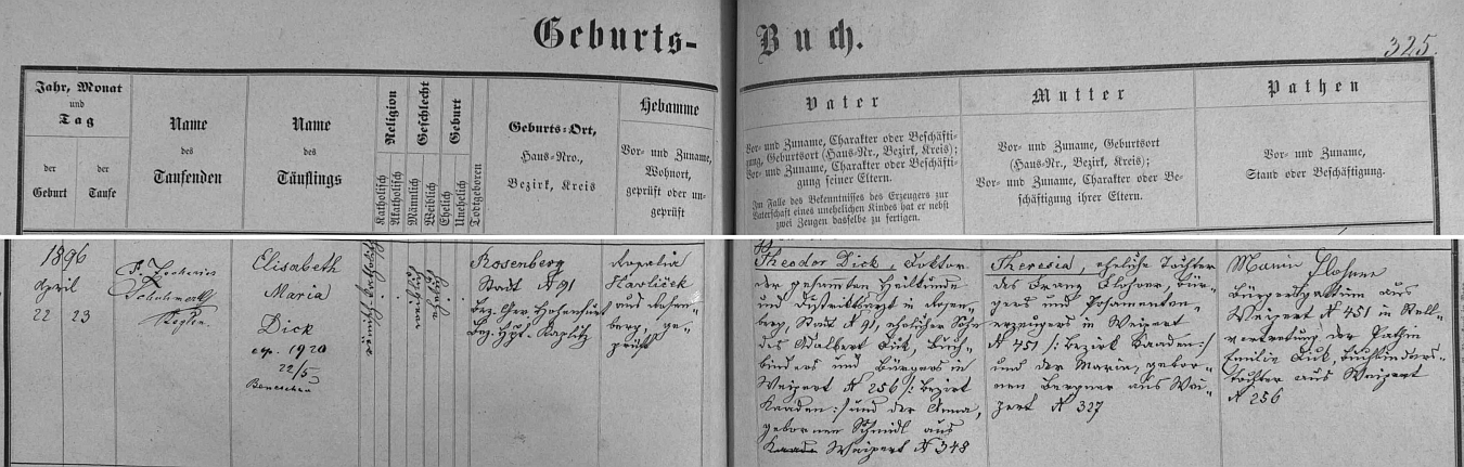 Záznam křestní matriky farní obce Rožmberk nad Vltavou o narození jeho ženy Elisabeth Marie, roz. Dickové, a to i s datem svatby v Německém Benešově dne 22. května roku 1920 - z dokumentu ovšem také vysvítá, že Else (tak své křestní jméno uváděla později) Dicková byla sestrou Waltera Dicka, i samostatně zastoupeného na webových stranách Kohoutího kříže