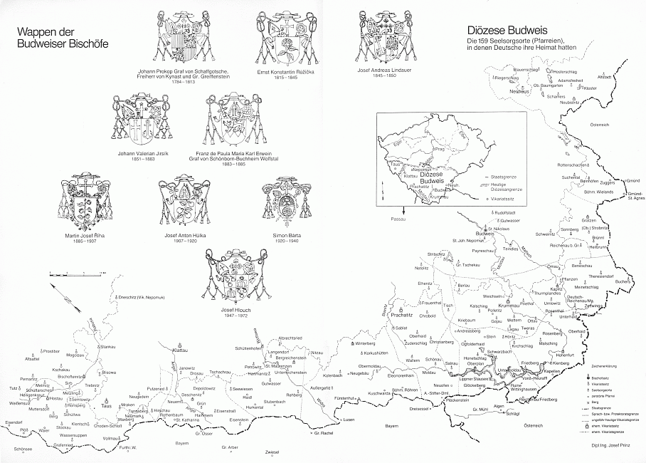 Budějovická diecéze měla kdysi 159 farností s převahou německy mluvících obyvatel - Ing. Josef Prinz k mapce dodal i znaky jejích biskupů