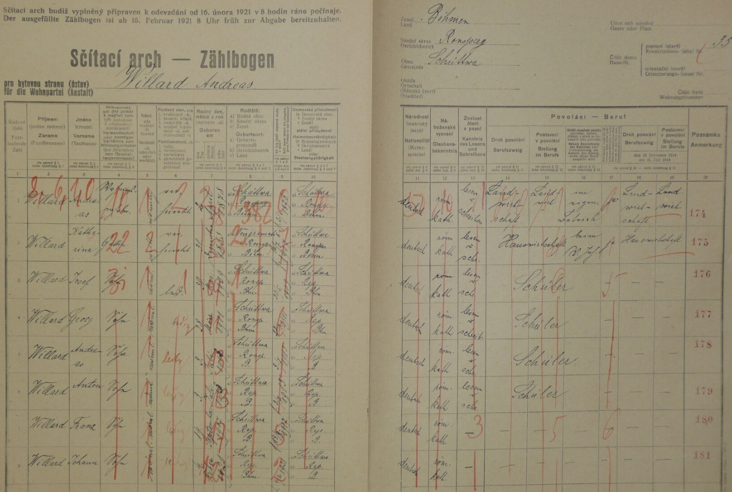 Arch sčítání lidu z roku 1921 pro stavení čp. 35 v Šitboři s rodinou Andrease Willarda, obdařenou hned šesti syny, mezi nimiž vidíme i Josefova otce Georga