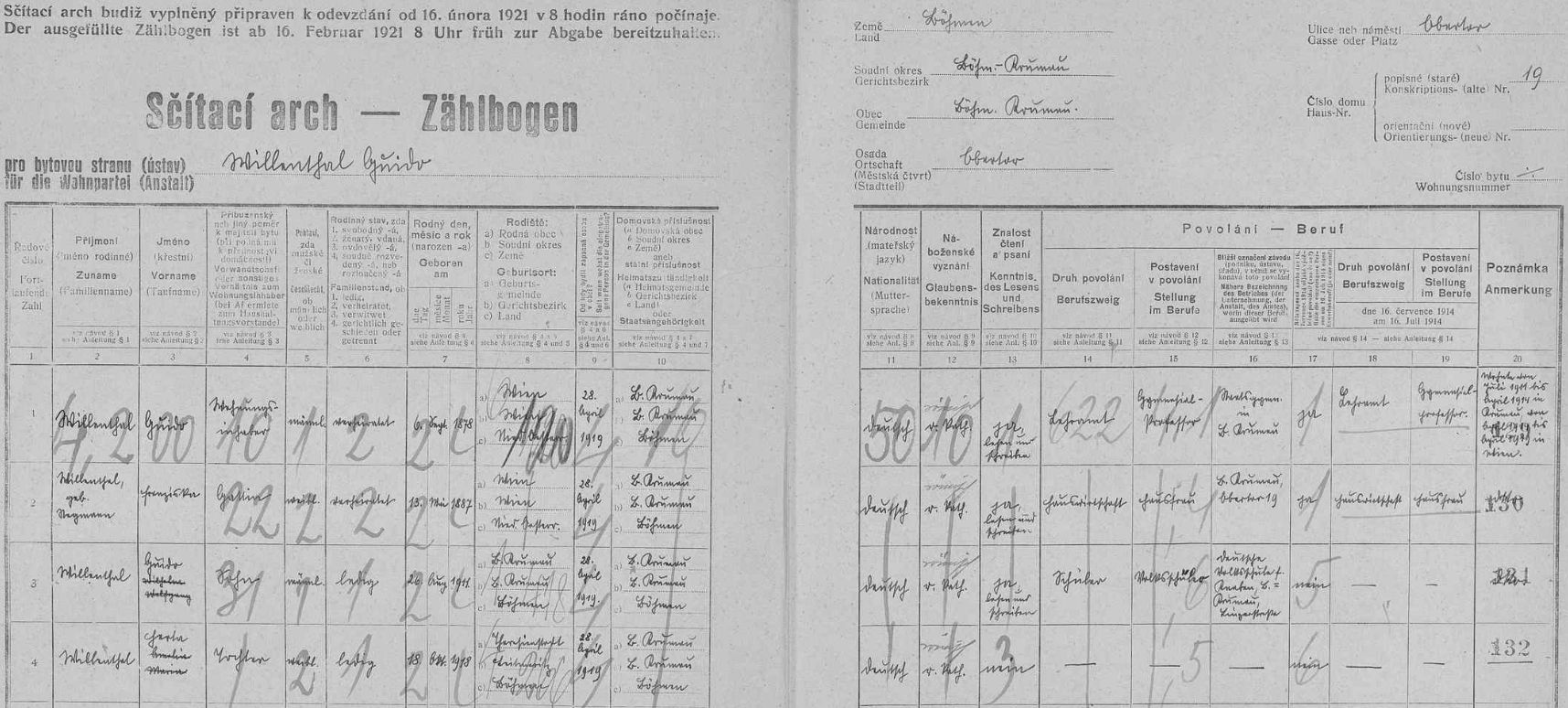 Arch sčítání lidu z roku 1921 pro českokrumlovský dům čp. 19 na Horní bráně s rodinou Willenthalovou