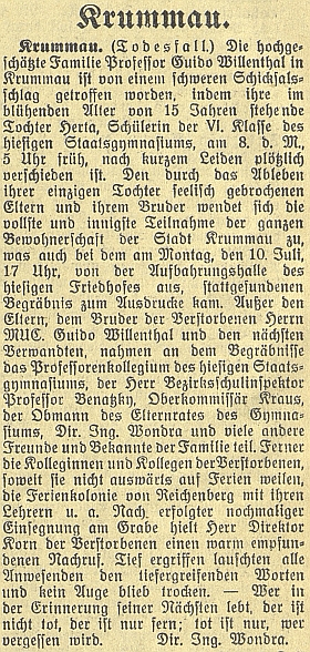 Zpráva o tragické smrti jeho dcery na stránkách českobudějovického německého listu, podepsaná Ing. Richardem Wondrou