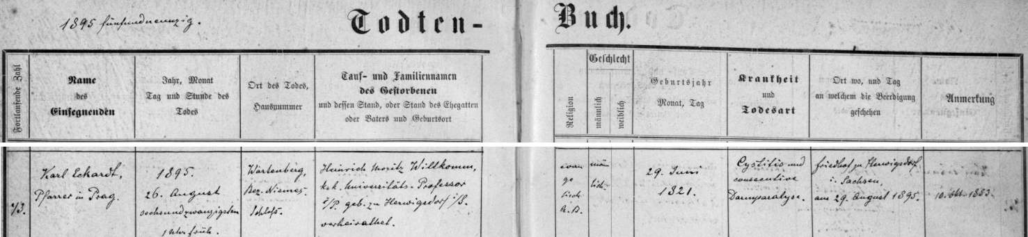 Záznam o jeho skonu v úmrtní matrice libereckého německého farního úřadu
