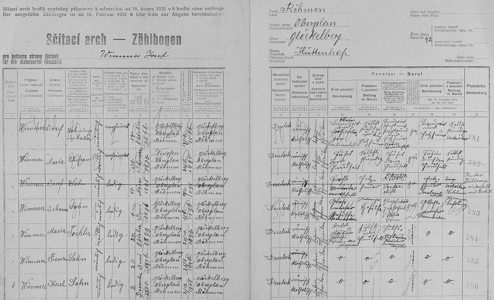 Arch sčítání lidu z roku 1921 pro stavení čp. 42 v Huťském Dvoře s rodinou Wimmerovou