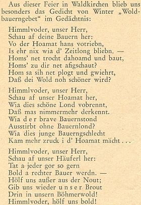 Báseň Karla Wintera "Modlitba šumavského sedláka", jejíž přednes byl rovněž součástí slavnosti ve Waldkirchen, kterou uvedl Winkler svým proslovem