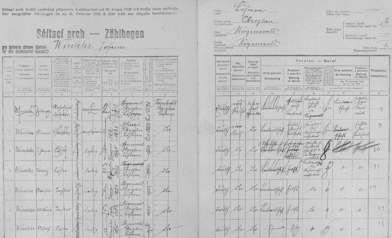 Arch sčítání lidu z roku 1921 pro stavení čp. 2 v Pestřici jej zachycuje jako nejmladšího na posledním místě