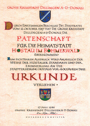Listina z roku 1988 o převzetí patronátu města Dillingen na Dunaji nad Hostouní "na Šumavě"